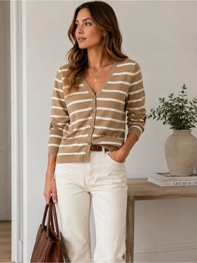 Zara Striped Knit Cardigan Top in Tan and White